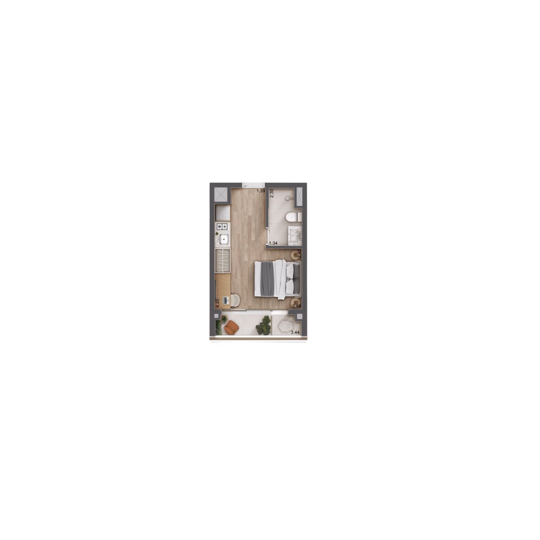 Planta Do Gio Jardins: Planta Preliminar Ilustrada Do Studio Residencial De 23 M². Sugestão De Decoração.